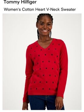 Tommy Hilfiger Red V-Neck Sweater with Navy Heart Motif